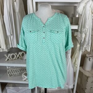 Croft & Barrow 1 X Teal & white popover top, coastal, casual, every day #3751